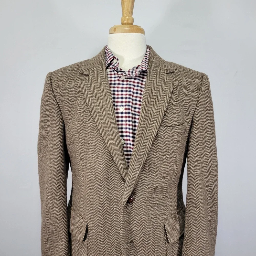 Joe Namath Men's Tweed Sport‎ Coat Blazer Brown Herringbone Polyester Wool 42S